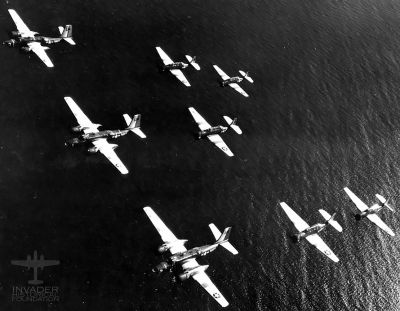 Utility Squadron 1 (VU 1) in formation with TBM-3U Avengers near Oahu, Hawaii. 1949 WM.jpg