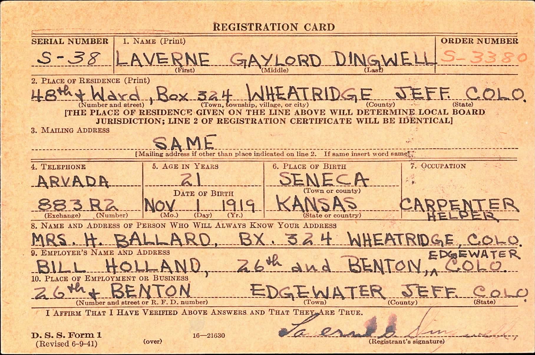 1st Lt. Dingwell, Laverne G. Draft Card -1.jpg